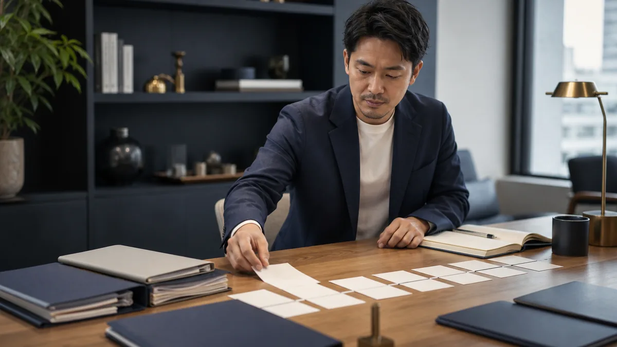 キャリアの棚卸しは何から始めるか｜経験を社外向けに言い換える手順について、資料を広げて検討するビジネスパーソン