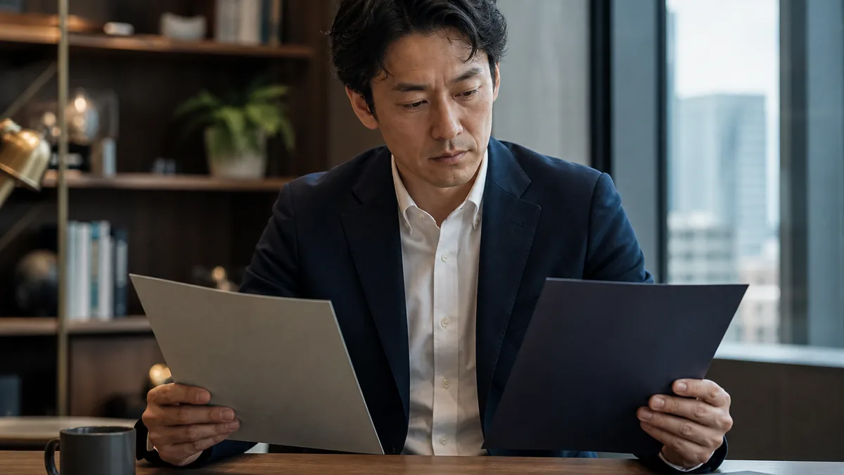 30代で年収を上げる転職と下げる転職は何が違うのかについて、資料を広げて検討するビジネスパーソン