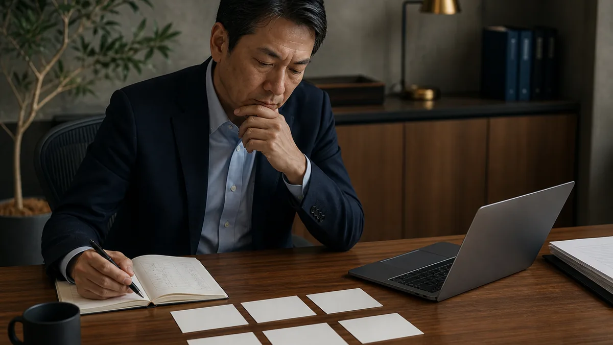 経理・財務経験者のキャリアアップ先にはどんな選択肢があるかについて、資料を広げて検討するビジネスパーソン