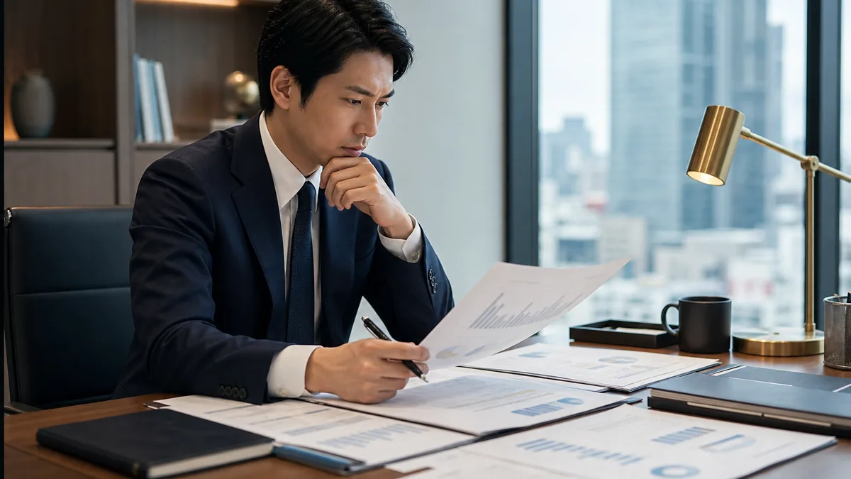 金融機関からコンサルへ転職するメリットと注意点について、資料を広げて検討するビジネスパーソン