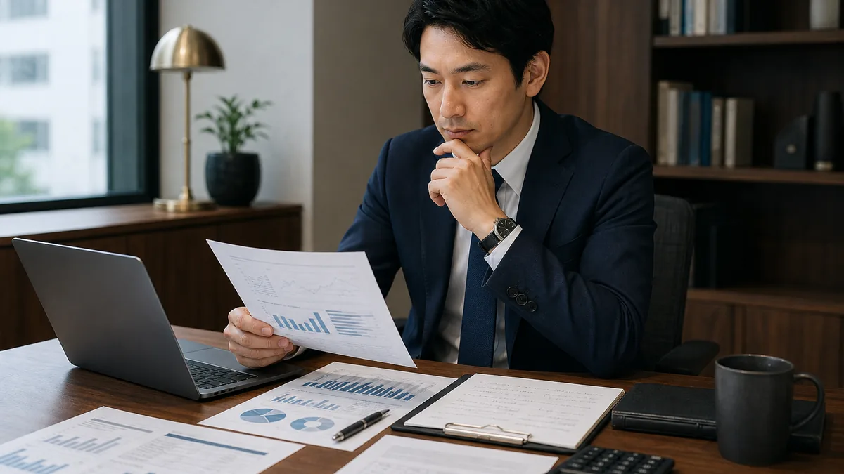管理会計の経験を生かせる仕事はどこにあるかについて、資料を広げて検討するビジネスパーソン