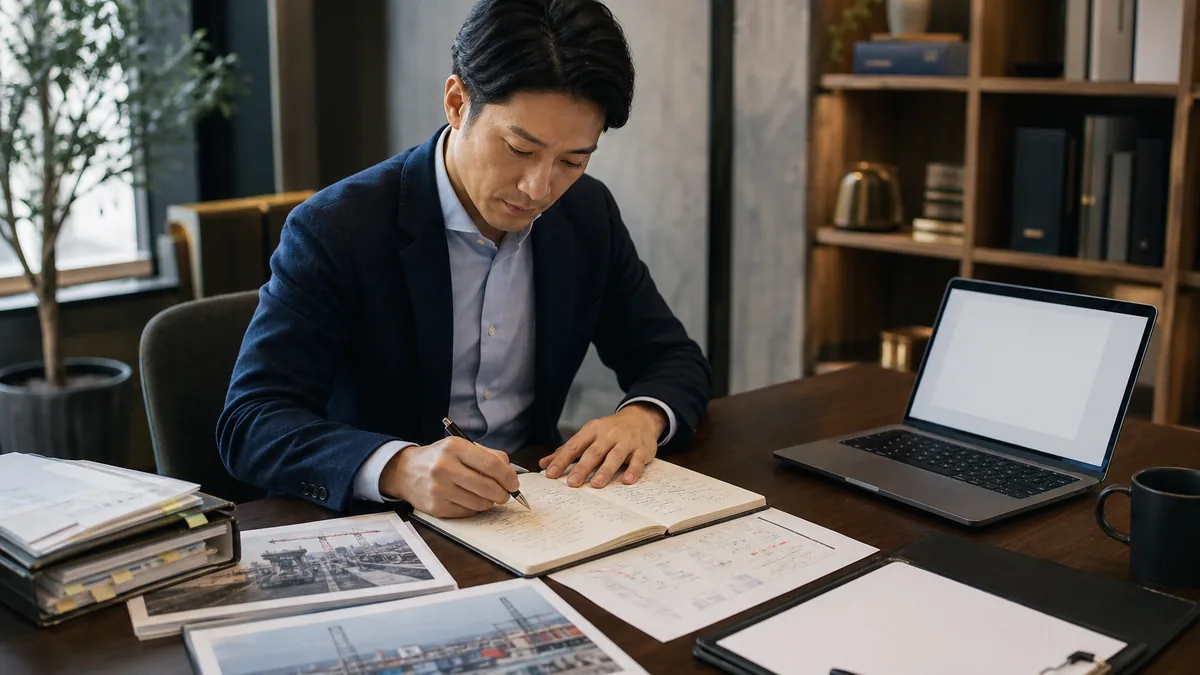 30代から未経験でコンサル転職は可能か｜評価される経験の条件について、資料を広げて検討するビジネスパーソン