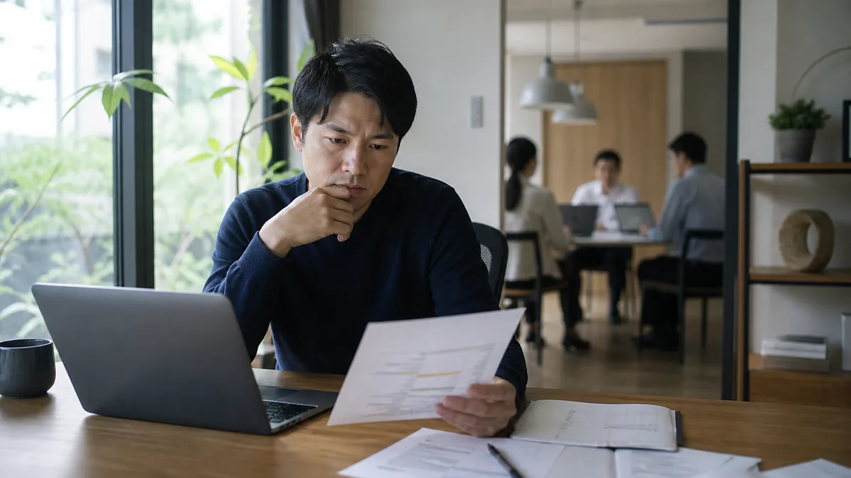 パソコンと書類で勤務条件を確認するビジネスパーソン