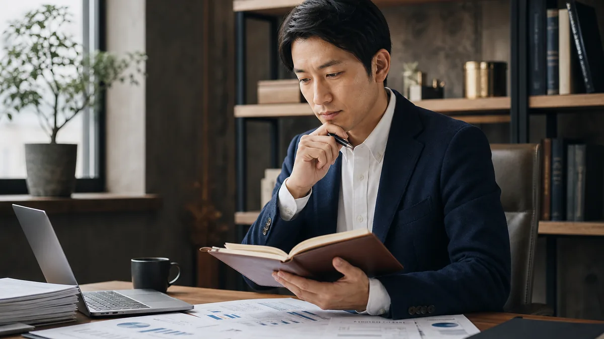 中小企業診断士を取得した後のキャリアはどう変わるかについて、資料を広げて検討するビジネスパーソン
